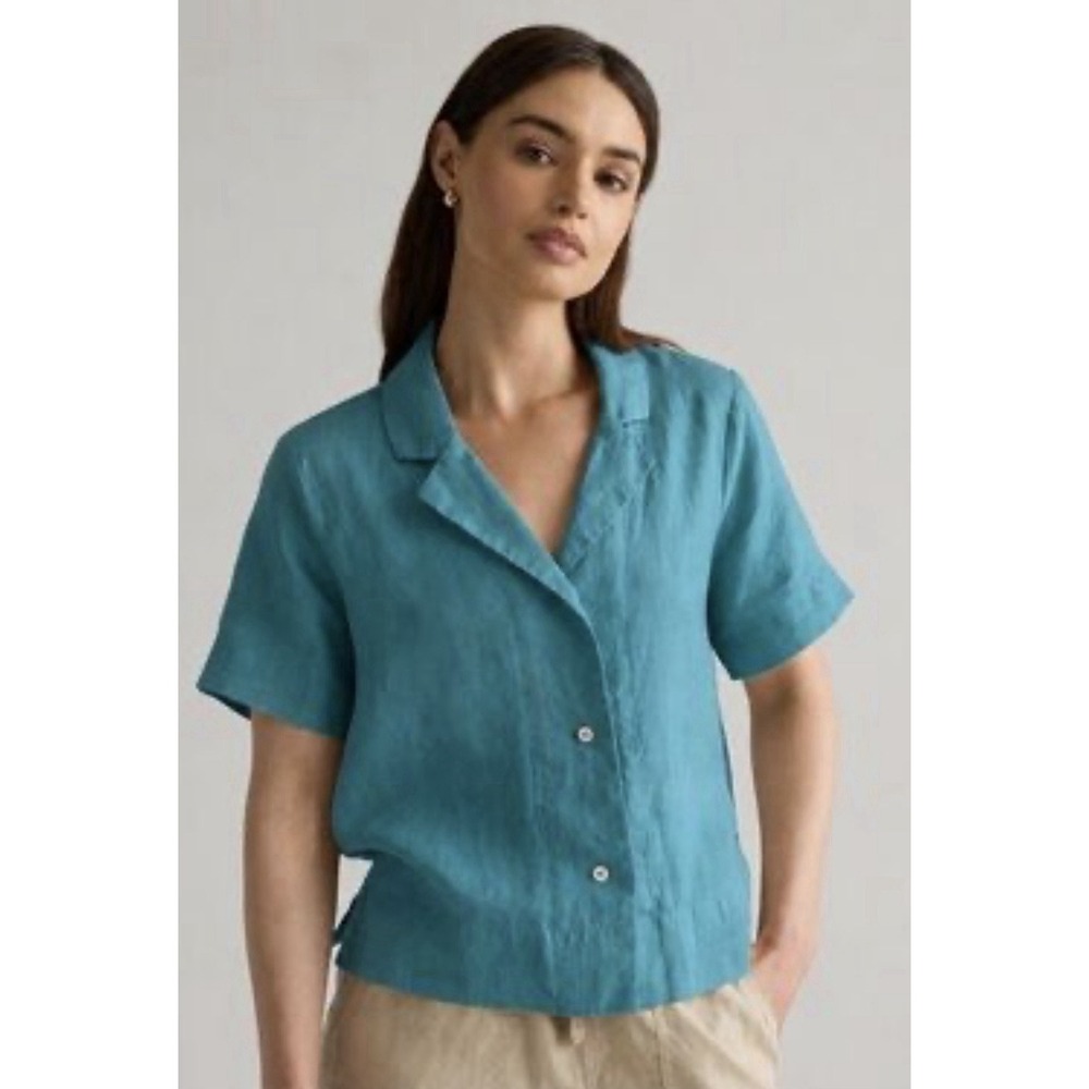 Quince Lot of 2 100% European Linen Short Sleeve Shirt XS Cropped Teal & Tan - Picture 9 of 10
